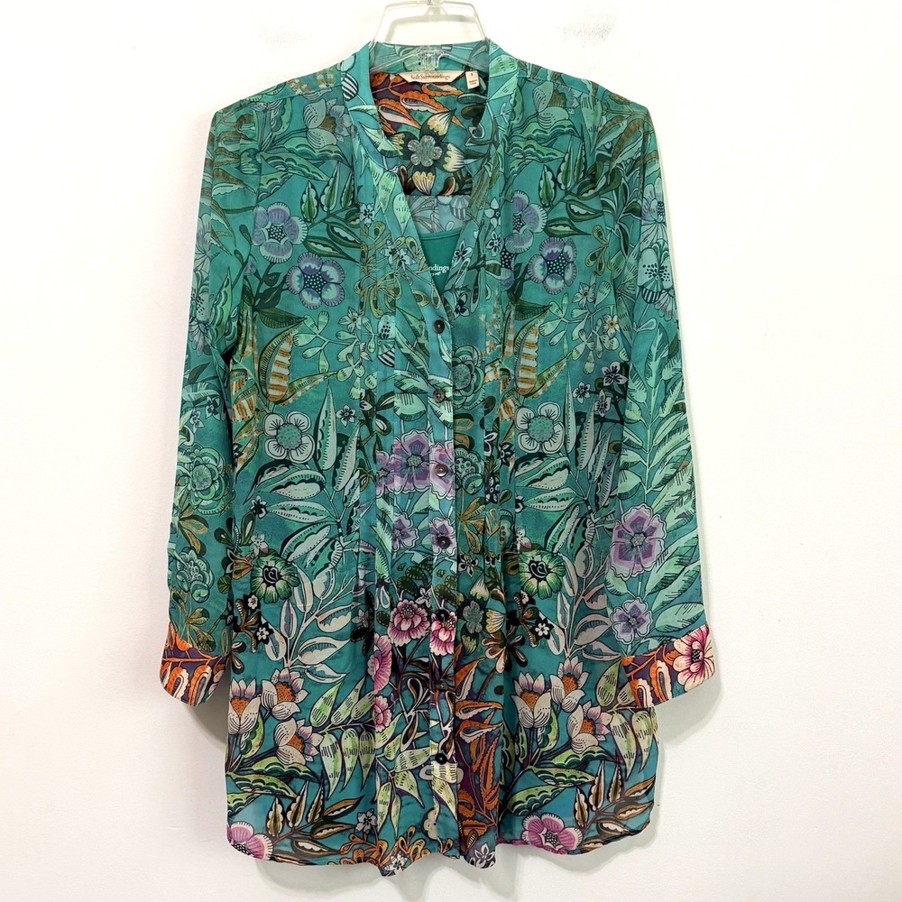 Soft Surroundings Luau‎ Garden Tunic Tank Top S Green Floral Layer Summer Party